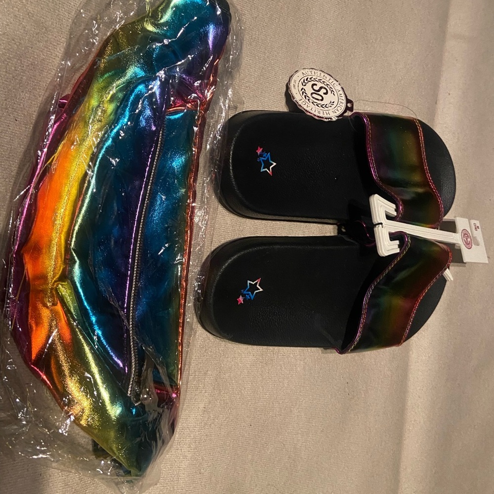 Rainbow slides & Fanny pack, brand new never worn
